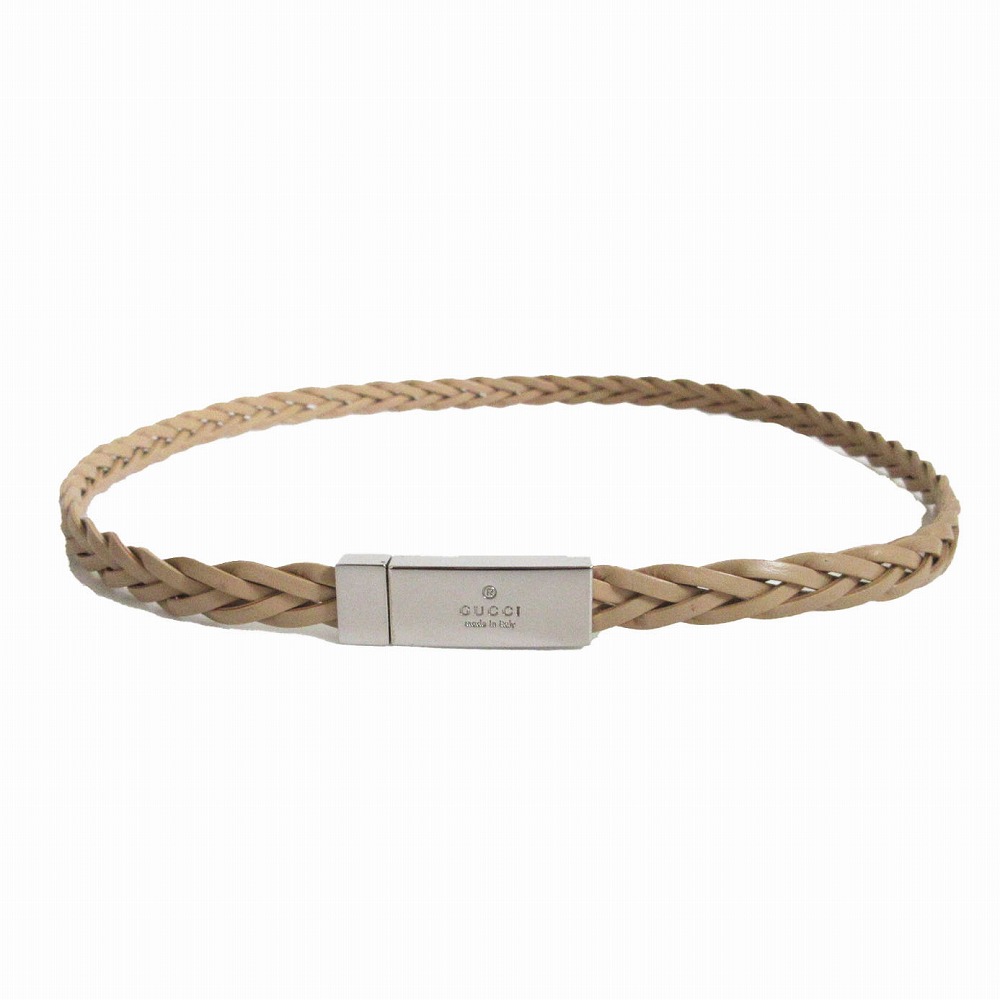 GUCCI グッチ ロゴプレート バックル メッシュレザー ベルト ベージュ シルバー金具 レディース 【中古】