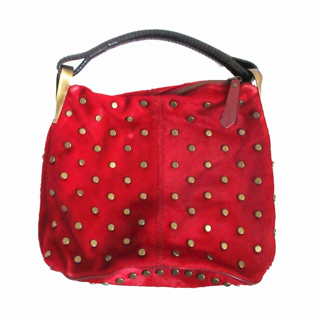 KENZO ケンゾー ハラコ スタッズ ワンショルダーバッグ レッド ゴールド金具 リバティ柄裏地 レディース 【中古】