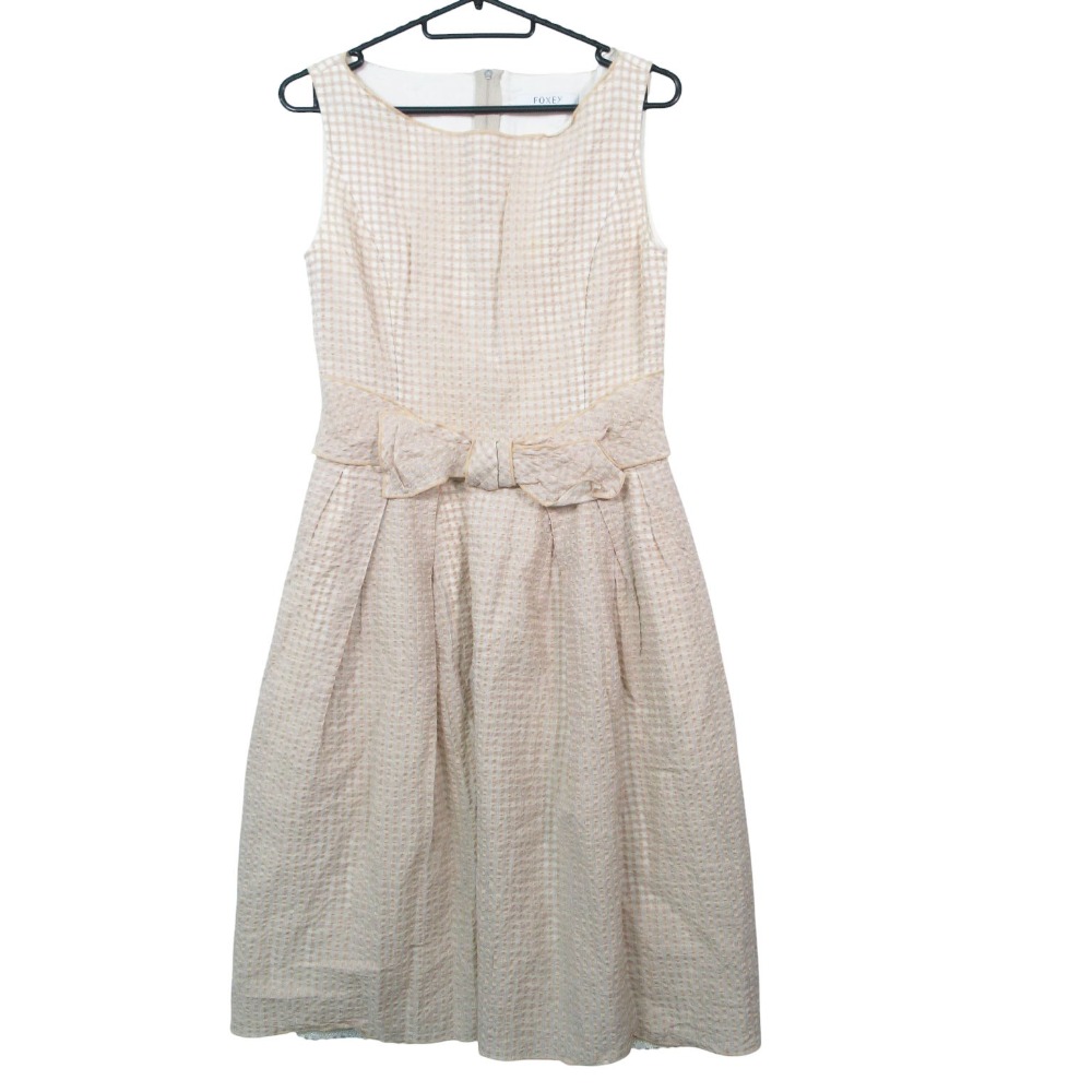 FOXEY フォクシー ワンピース ドレス ノースリーブ リボン チェック コットンシルク 36920 サイズ38 M ベージュ レディース 【中古】