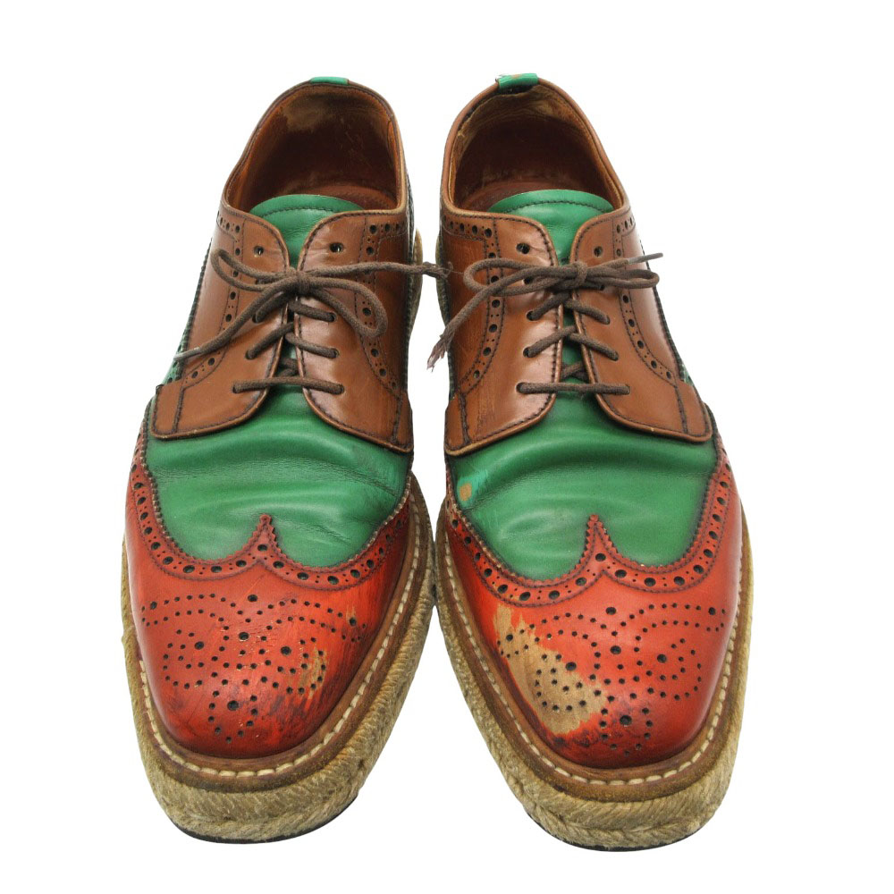 PRADA プラダ ウィングチップ ダービー シューズ エスパドリーユ 配色 レザー イタリア製 サイズ5 24cm オレンジ 緑 メンズ 【中古】