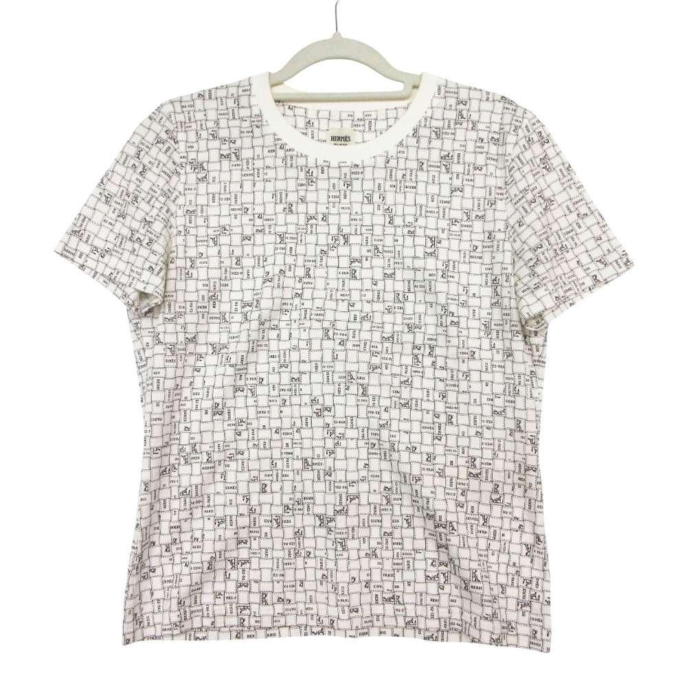 25ss HERMES エルメス Tシャツ カットソー 半袖 ボルデュックチェック 5E4645DK トップス 38 M ホワイト 白 レディース 【中古】