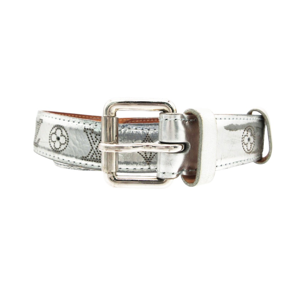 LOUIS VUITTON ルイヴィトン ベルト シルバー メタリック ラミネートレザー パンチング モノグラム 96/36 メンズ レディース 【中古】