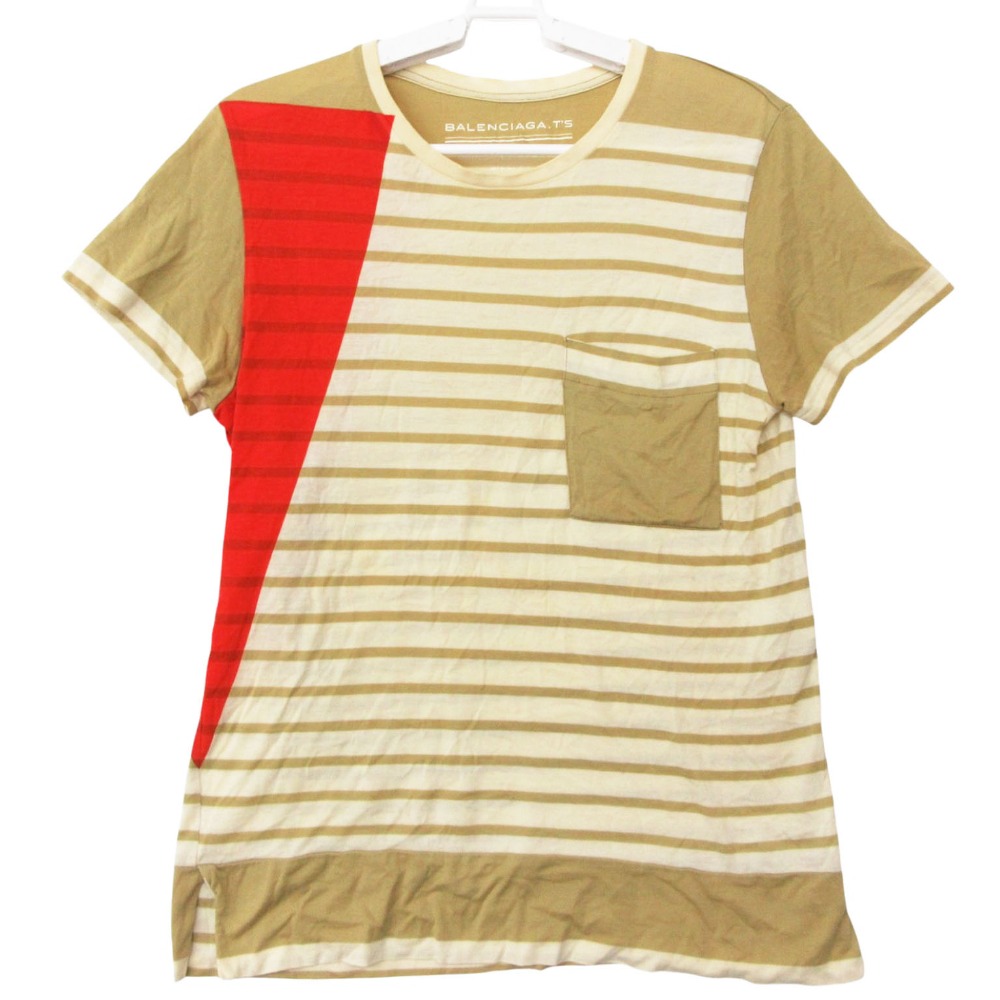 12SS BALENCIAGA バレンシアガ ボーダー Tシャツ 半袖 クルーネック コットン ジャージー プリント XS ベージュ メンズ 【中古】