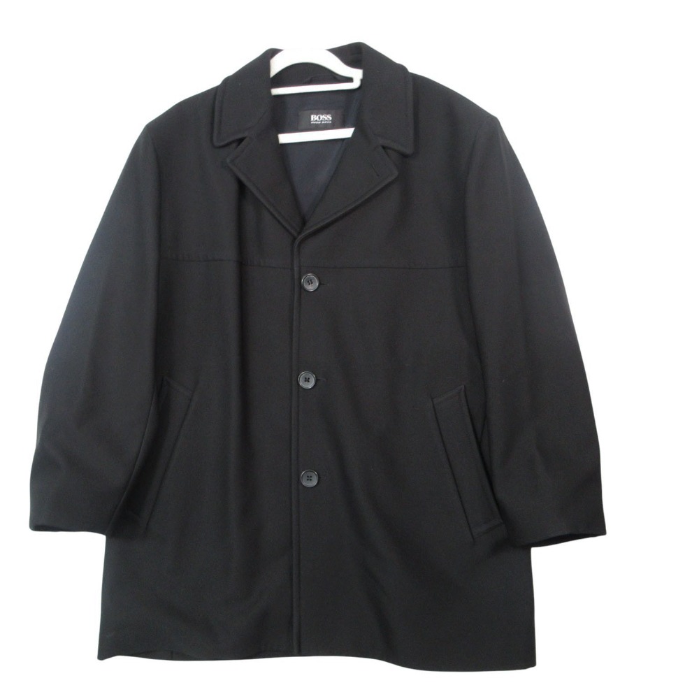 美品 HUGO BOSS ヒューゴボス チェスターコート 上衣 ポリツイル アウター ＦＲＧ製 大きさ48 L 黒いこと 黒 メンズ 【中古】