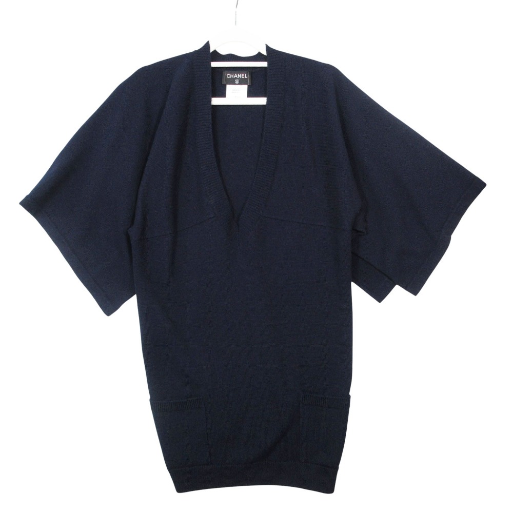 美品 CHANEL シャネル カシミール100％ 編み物 ティーシャツ Vのど首 ケープ風 P42913K04371 40 L 米国海軍 レディース 【中古】
