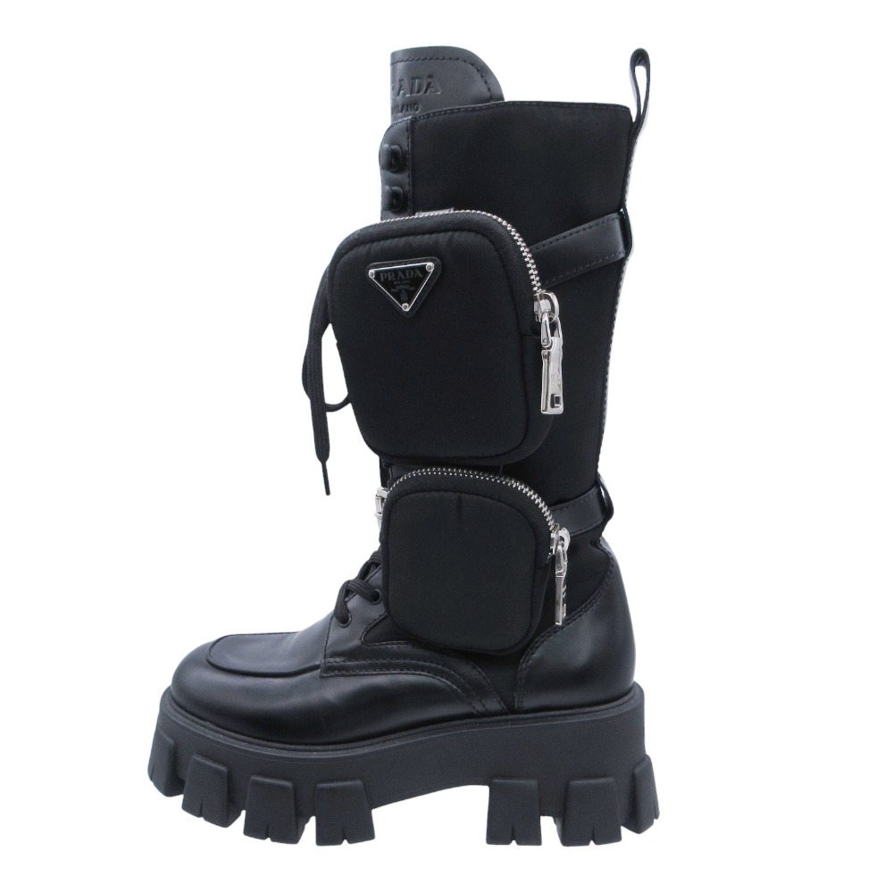 PRADA プラダ モノ木鼠 ロングブーツ なめし革×ナイロン 合切袋付き添い人 ３角形一皿 ロゴタイプ 靴 イタリア製 36 23珊 黒 レディース 【中古】