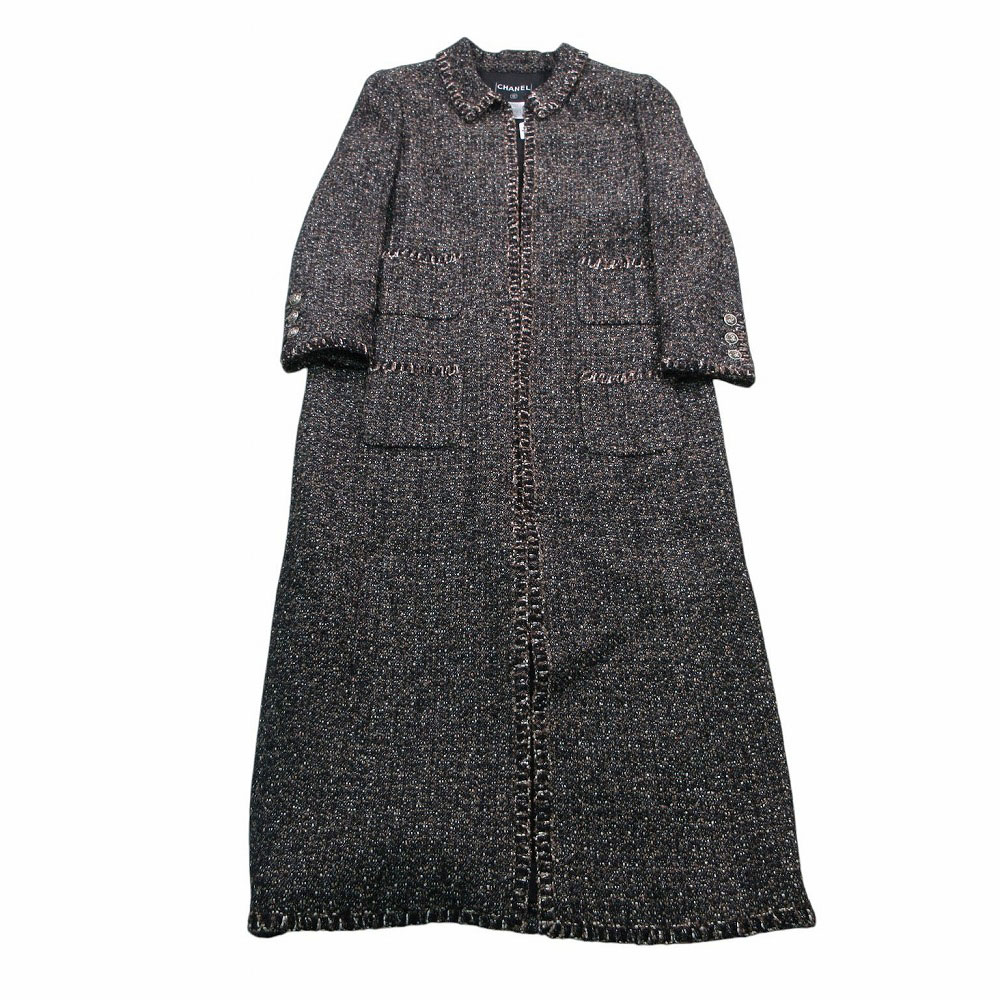 CHANEL シャネル 04A P24311V14928 ツィード ロング厚地の外套 アウター 赤銅色 黒いこと 大きさ44 XL レディース 【中古】