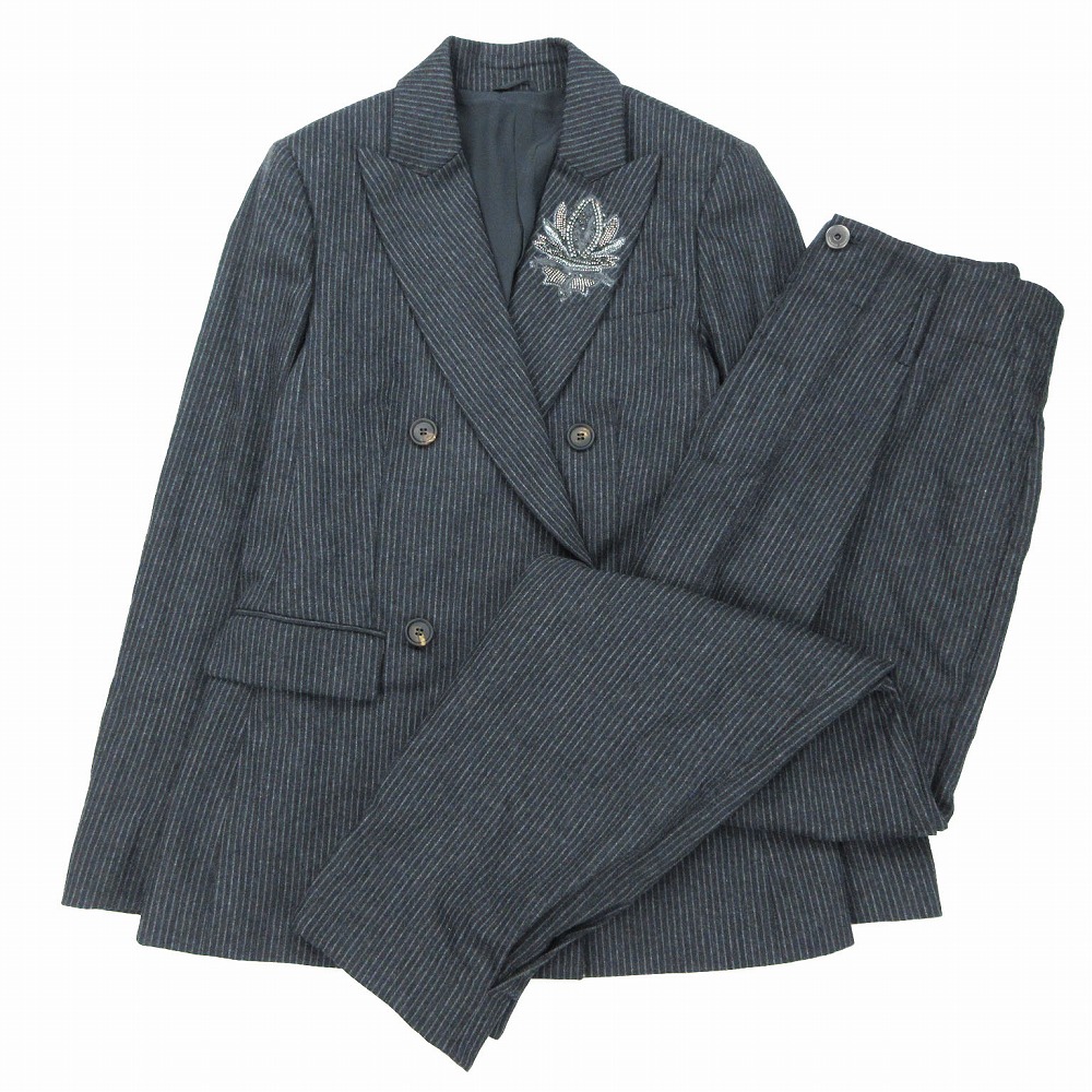 極美品 BRUNELLO CUCINELLI ブルネロクチネリ 縞模様柄 背広 セットアップ ビジュー 薄墨色 大きさM-L レディース 【中古】