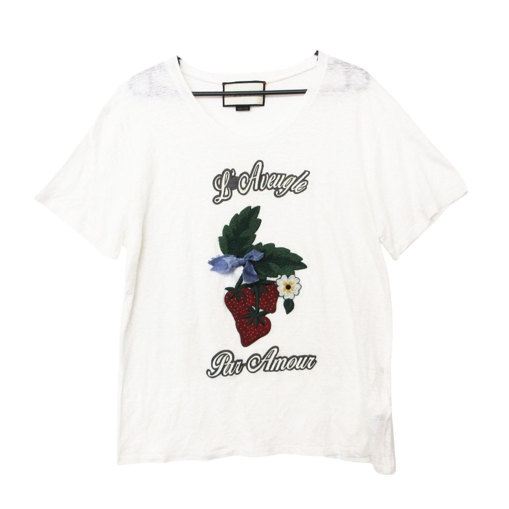 GUCCI グッチ 半袖Ｔシャツ L'AVEUGLE PARAMOUR ストロベリープリント トップス ホワイト L レディース 【中古】 8,502円