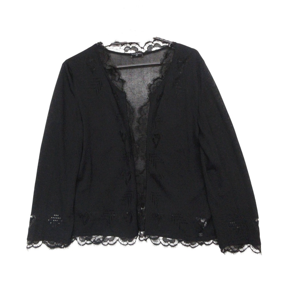06P CHANEL シャネル カーディガン シースルー レース 長袖 トップス ブラック 42【L】 レディース 【中古】