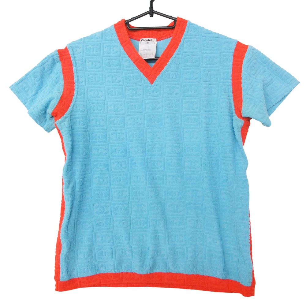 02S CHANEL シャネル 半袖Ｔシャツ 運動競技伝達ルート ココマークロゴ パイル地 Vのど首 半袖トップス  点火装置青碧 42【L】 レディース 【中古】