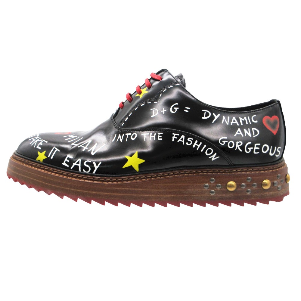 DOLCE\u0026GABBANA ドルチェアンドガッバーナ お召しものシューズ なめし革 オックスフォード スピード競技引きあげる スタッズ グラフィック 絵の具 シャークソール 革靴 7.5 黒いこと 26.5糎 メンズ 【中古】