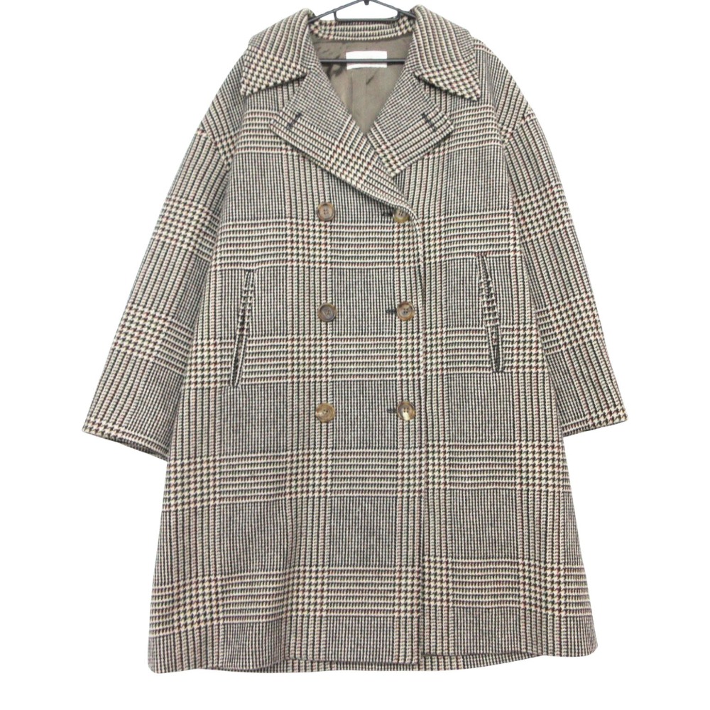 美品 22aw Plage プラージュ 厚地の外套 ダブル前胸部 上衣 ロング丈 FAbRICA社出どころ グレン照合のしるし柄 22020922204040 アウター 黒いこと 38【M】 レディース 【中古】