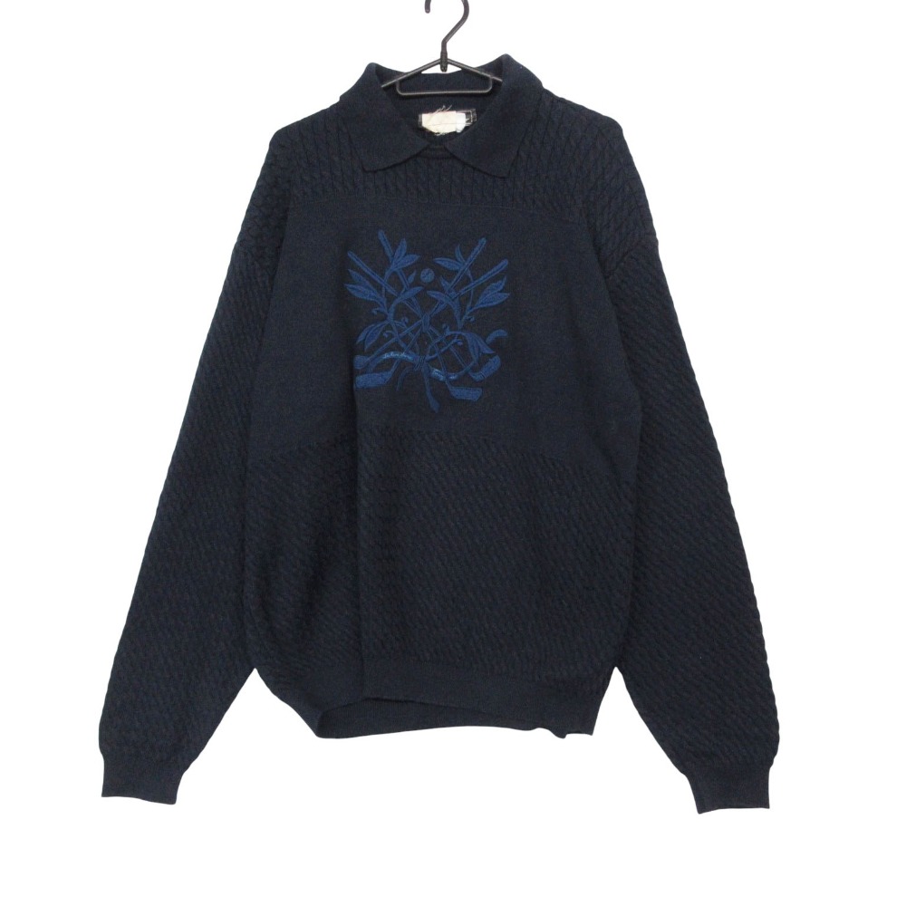 Vintage Salvatore Ferragamo サルヴァトーレフェラガモ ニット 長袖 ポロシャツ ケーブル セーター 襟付き 刺繍 ロゴ トップス ネイビー S メンズ 【中古】