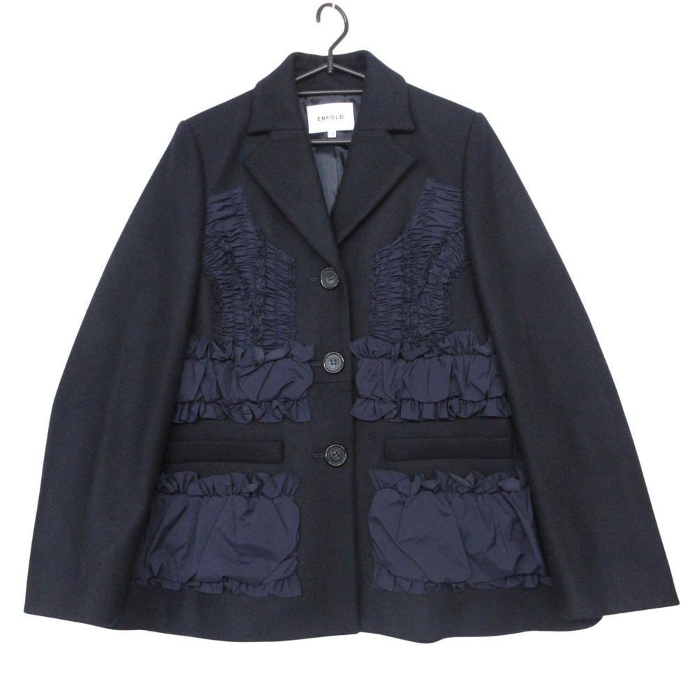 24AW ENFOLD エンフォルド テーラードジャケット メルトン上衣 DECORATIVE JACKET ギャザーフラウンス ダークネイビー 38【M】 レディース 【中古】