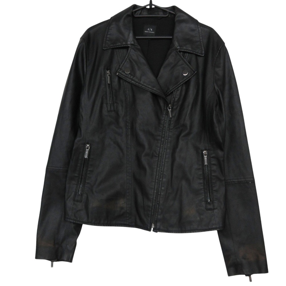 ARMANI EXCHANGE アルマーニエクスチェンジ ライダースジャケット フェイクレザー ダブル ブルゾン アウター ショート丈 ブラック XL レディース 【中古】
