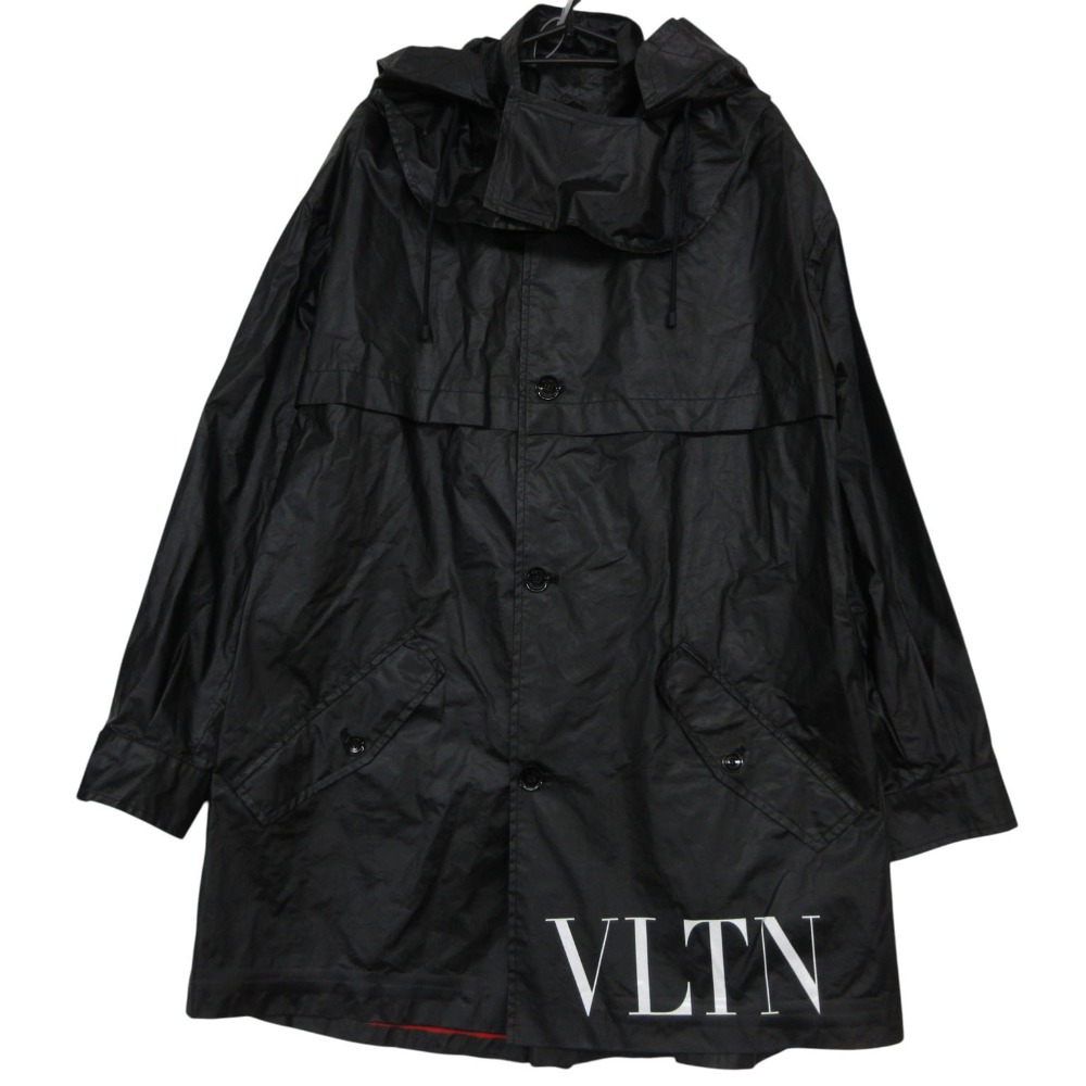 VALENTINO ヴァレンティノ トレンチコート VLTNロゴ プリント フード付きパーカー アウター ブラック 46【M】 メンズ 【中古】