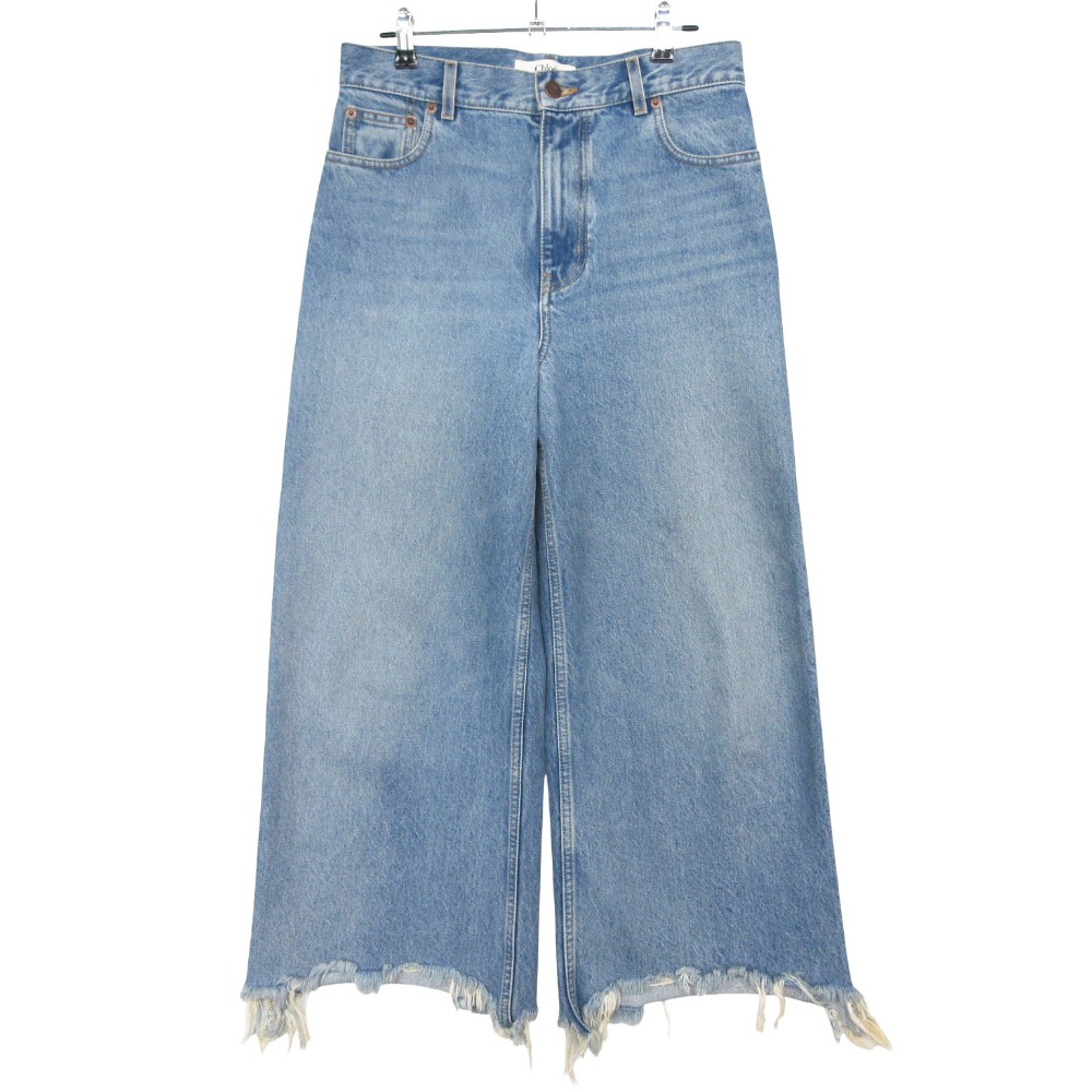 Chloe クロエ デニムパンツ ハイライズ ワイド ジーンズ ボトムス バックロゴパッチ インディゴブルー レディース 【中古】