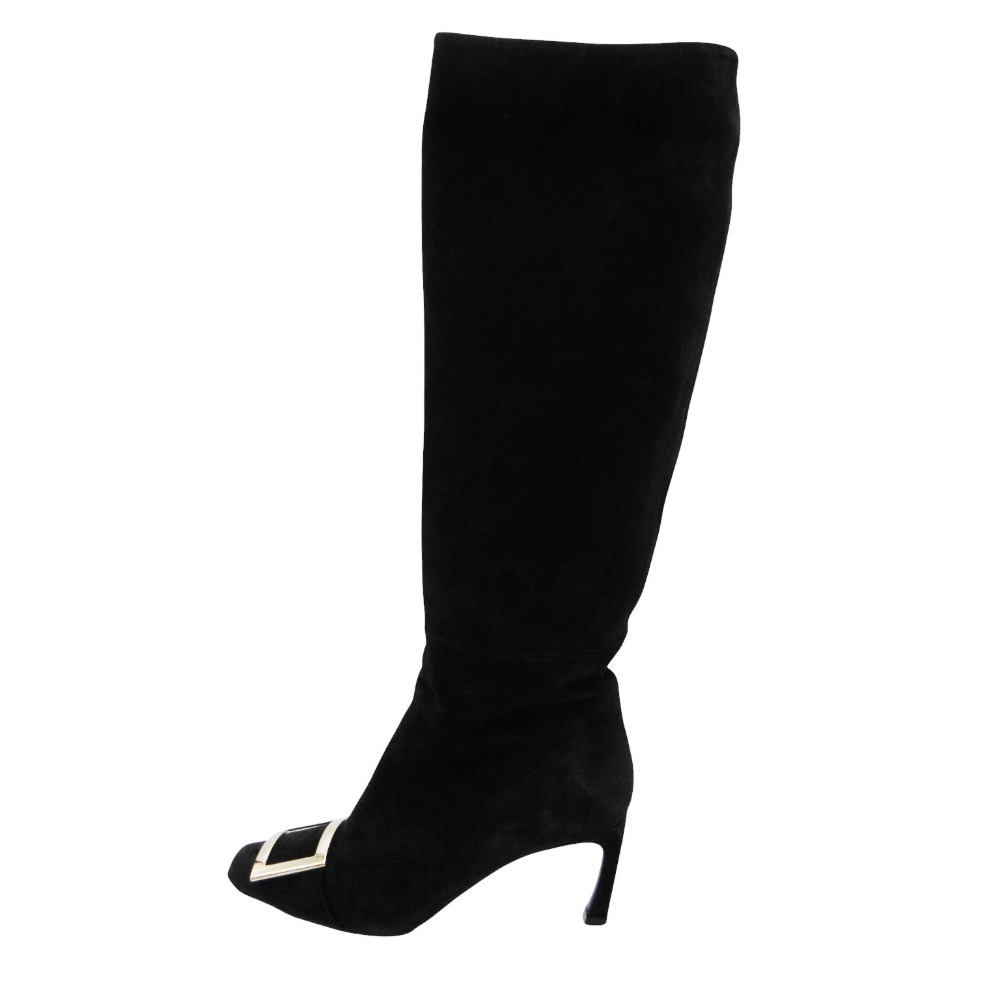 Roger Vivier ロジェ・ヴィヴィエ ブーツ 真四角バックル スエードクロス ロングブーツ シューズ 黒いこと 36 23糎 レディース 【中古】