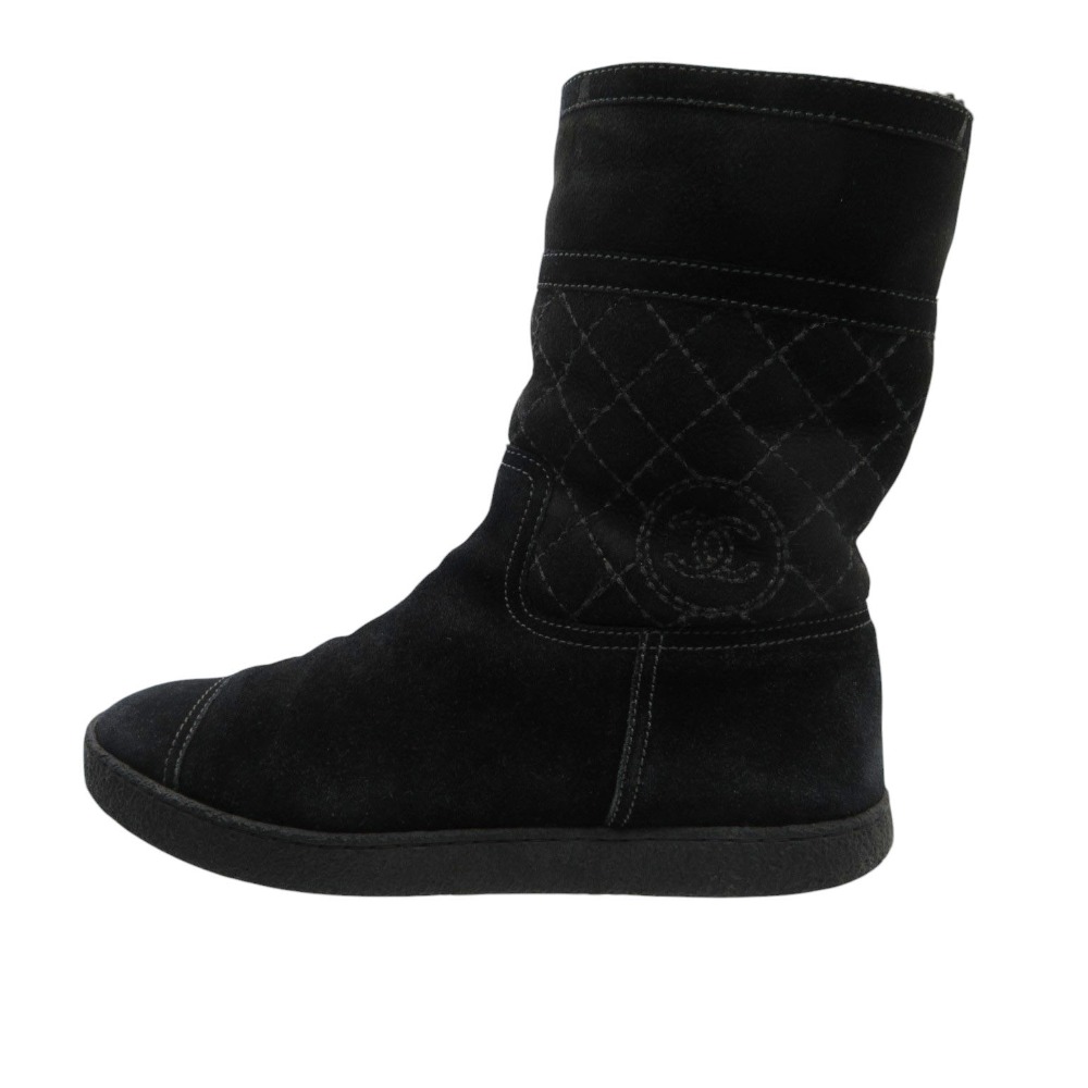 12A CHANEL シャネル ブーツ ココマーク マトラッセ 羊肉 ボアブーツ 黒いこと 39 25糎 レディース 【中古】
