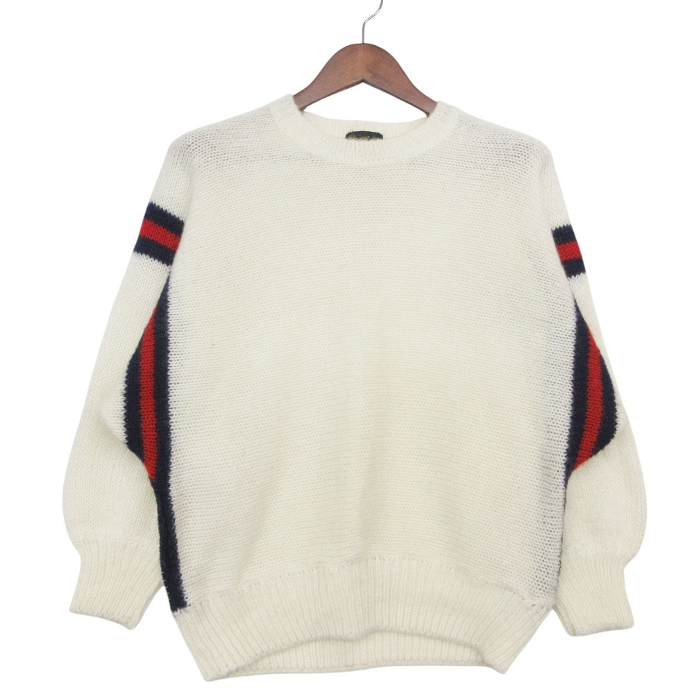 80\'s ヴィンテージ オールド GUCCI グッチ ニット シェリーライン ロゴ入り セーター プルオーバートップス 長袖 ホワイト メンズ レディース 【中古】｜コムレイドバージ店