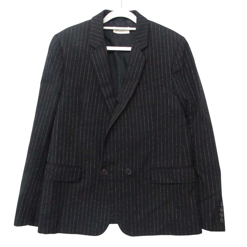 ２０年製 SAINT LAURENT PARIS サンローランパリ テーラードジャケット ストライプ柄 ダブルブレスト アウター ブラック 46【M】 メンズ 【中古】 26,585円