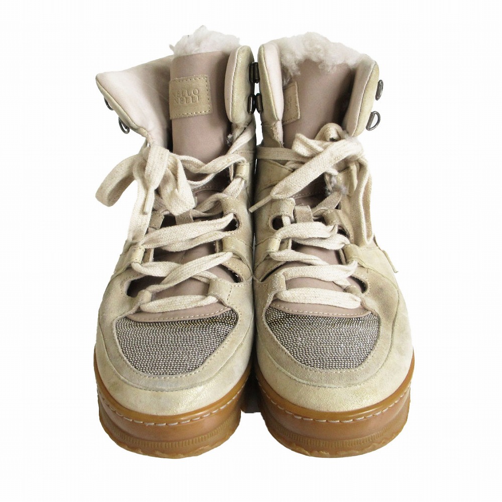 Brunello Cucinelli ブルネロクチネリ ブーツ モニーレかざり付ける 羊肉 レースアップブーツ シューズ ラメ ベージュ 36.5 23.5糎 レディース 【中古】