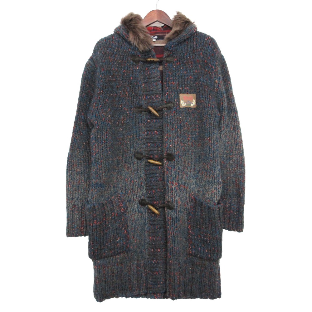 DOLCE\u0026GABBANA ドルチェアンドガッバーナ D\u0026G ダッフルコート シープファーフード モヘヤ混 編み物 アウター 読み合わせる柄裏地 交ぜ合わせる編み物 米国海軍 54/40【XL】 メンズ 【中古】 コート・ジャケット-メンズファッション