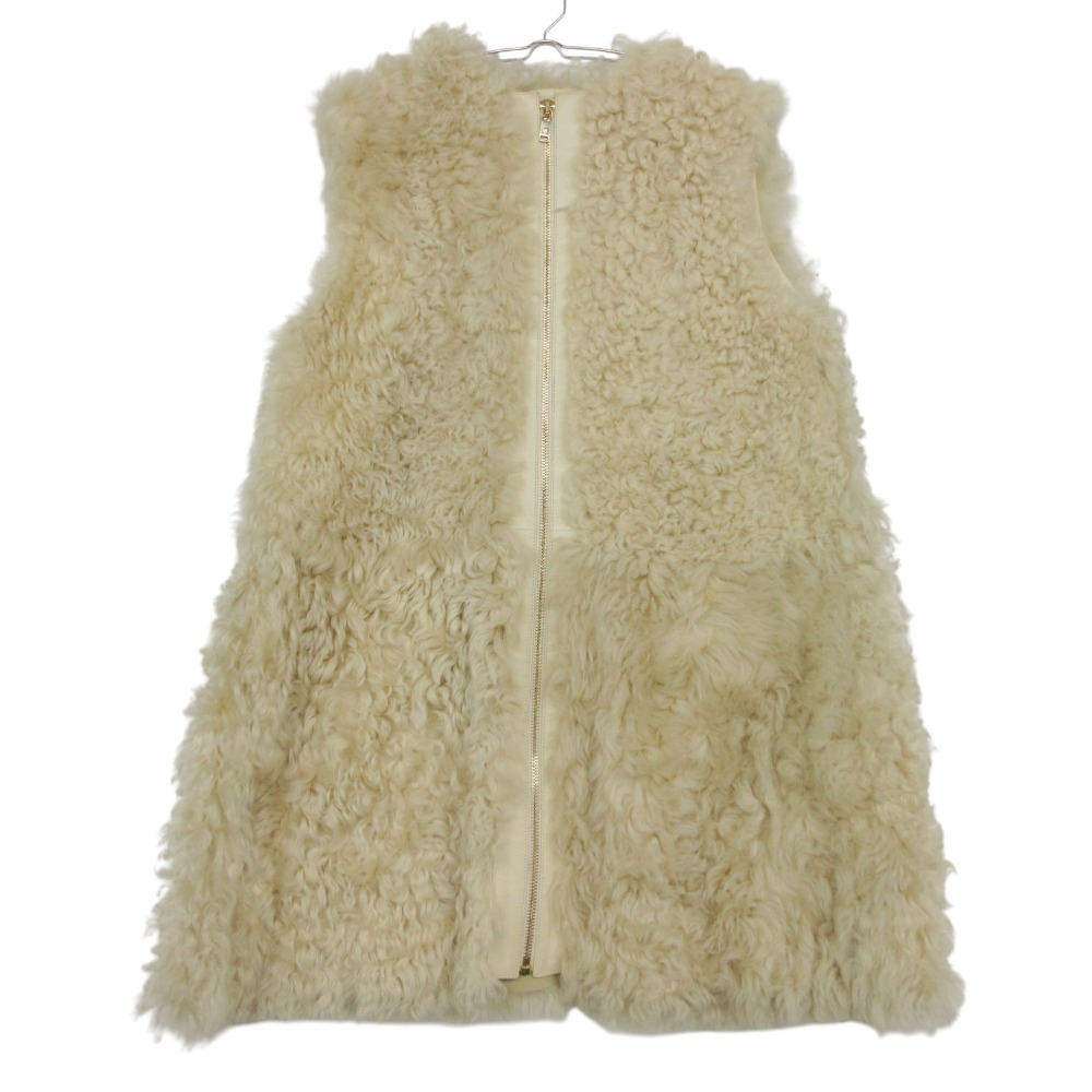 11A Chloe クロエ 厚地の外套 リアルムートン 子ヒツジ毛革 ロングより良い アウター ジップアップ ともし火ベージュ 34【XS】 レディース 【中古】 コート・ジャケット-レディースファッション