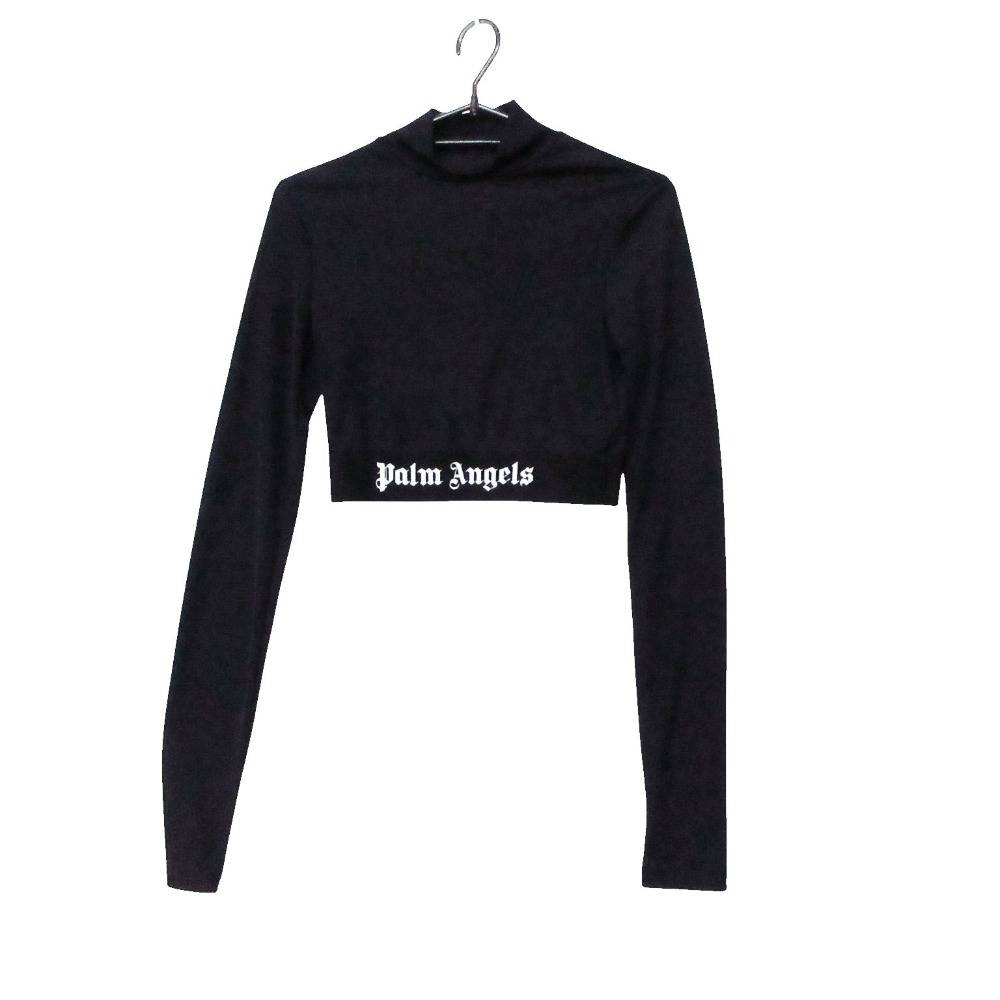 Palm Angels パームエンジェルス 長袖Ｔシャツ 裾ロゴプリント モックネック 長袖 クロップド ポリエステル トップス ブラック XS【XS】 レディース 【中古】
