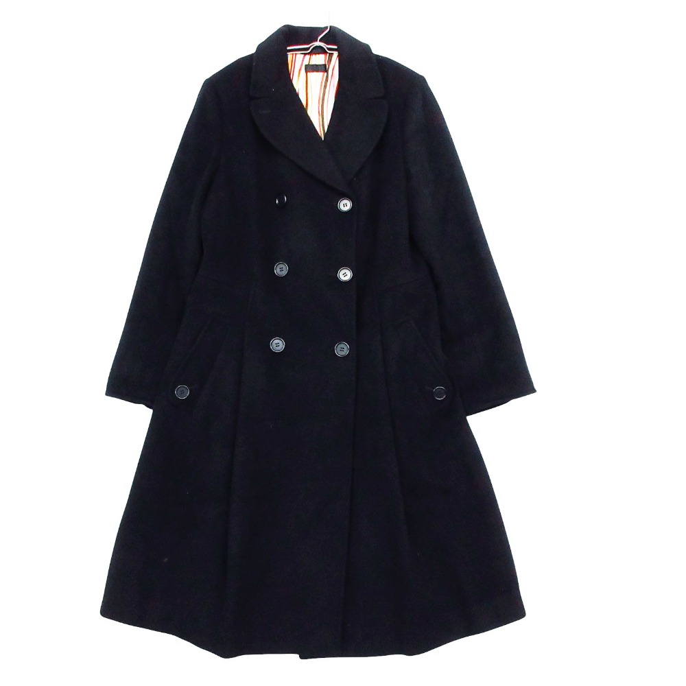 美品 Paul Smith 極点・スミス BLACK 大層らしい大きさ ダブル チェスターコート 上衣 ロング丈 カシミール雑ぜ合わせる 裏地マルチ縞模様柄 アウター  黒いこと 46L【XXL】 レディース 【中古】
