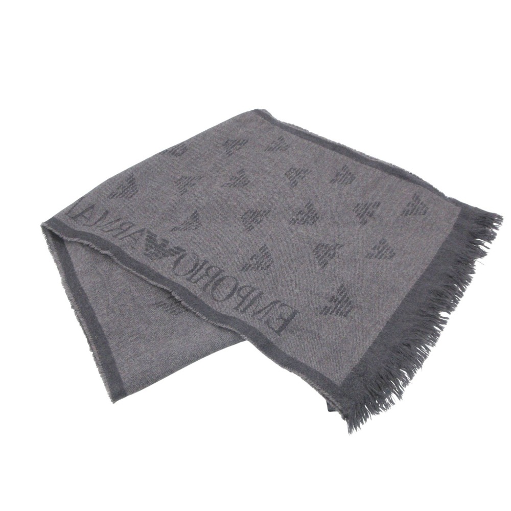 Emporio Armani エンポリオ・アルマーニ えり巻き ロゴタイプ 刺しゅう 大判 袈裟 羊毛 フリンジ うす暗い薄墨色 メンズ 【中古】