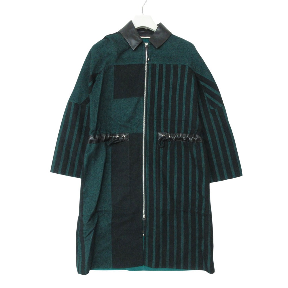美品 19AW HERMES エルメス ステンカラー厚地の外套 カシミール100%  縞模様柄 なめし革うつり変わり ジップアップ ロング アウター  黒いこと 36【S】 レディース 【中古】