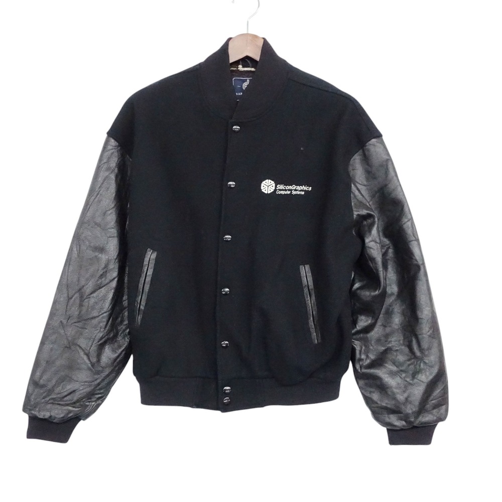 80\u0027s 90\u0027s VARSITY WEST CALIFORNIA スタジャン SILICON STUDIO バーシティジャケット 上衣 アウター袖なめし革 USA製 黒いこと M メンズ 【中古】