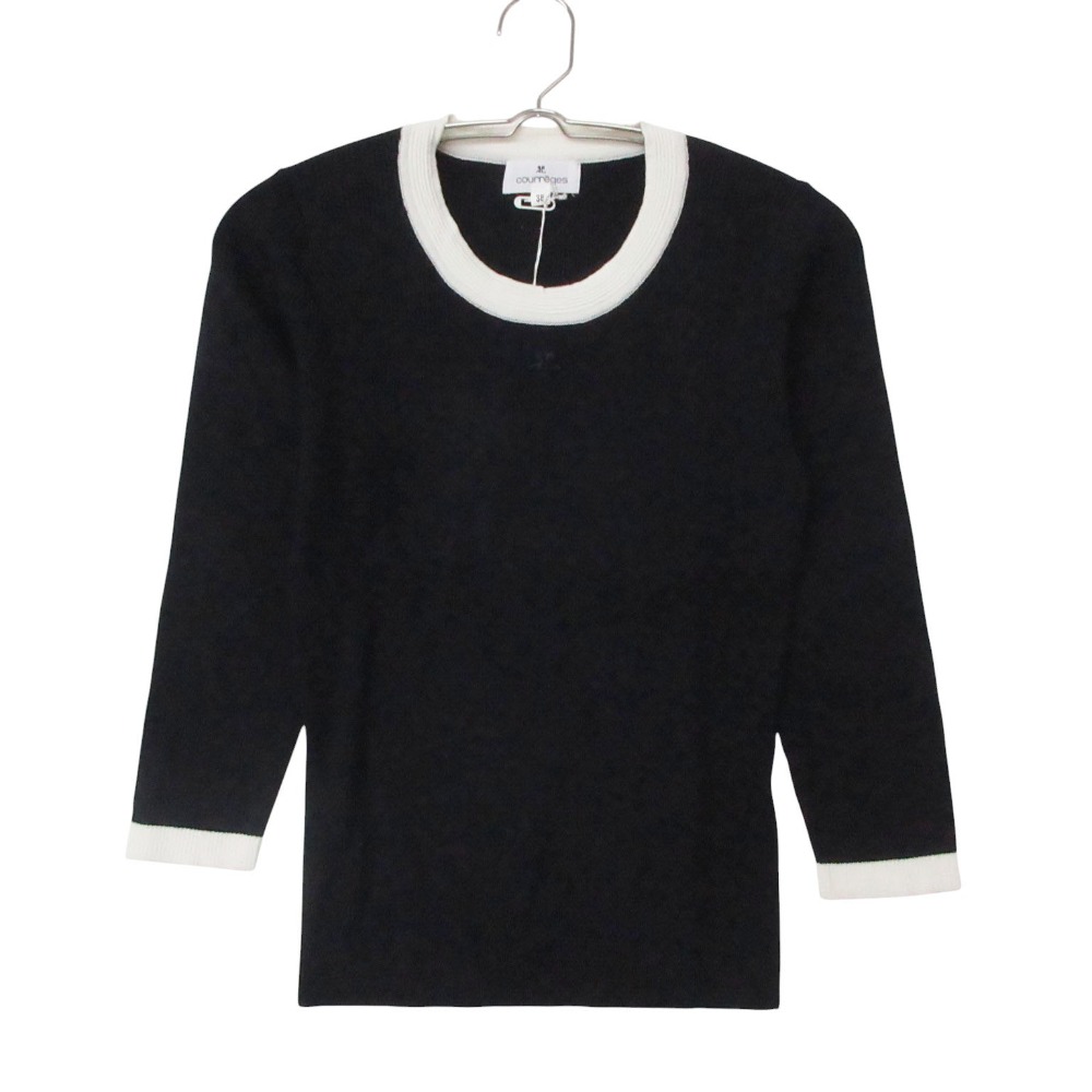 courreges クレージュ セーター リブニット ワンポイントロゴ バイカラー トップス 九分袖 ネイビー 38【M】 レディース 【中古】｜コムレイドバージ店