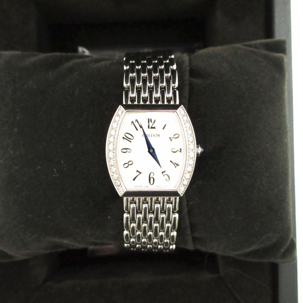 SEIKO セイコー ウオッチ CREDOR クレドール シグノ ダイヤベゼル 石英 御覧になる 4J80-0AZ0 しろがね色 レディース 【中古】