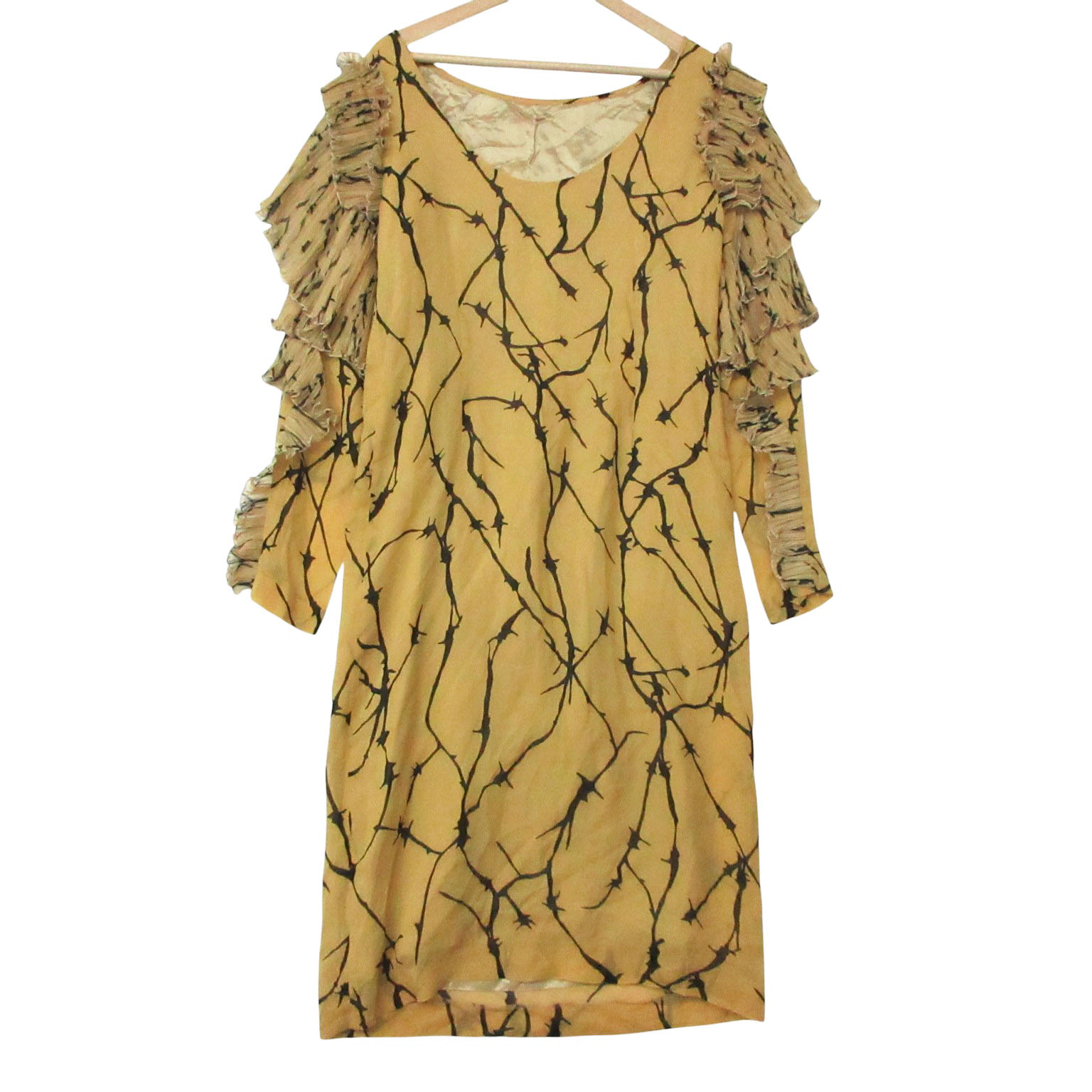 14SS DRIES VAN NOTEN ドリスヴァンノッテン 衣装 地絹 100％ 筋目 フラウンス捩り シアー 総柄 御召しもの 長袖 膝丈 二分の一 黄色 レディース 【中古】