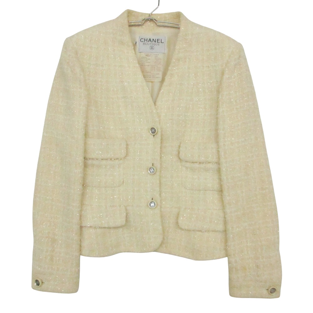 90s Vintage CHANEL シャネル ツィード 否色つや上衣 スポーツジャケット CC ココマーク 鏡鑑名取り草 4つ隠し 95C フランス共和国製 ベージュ 38 レディース 【中古】