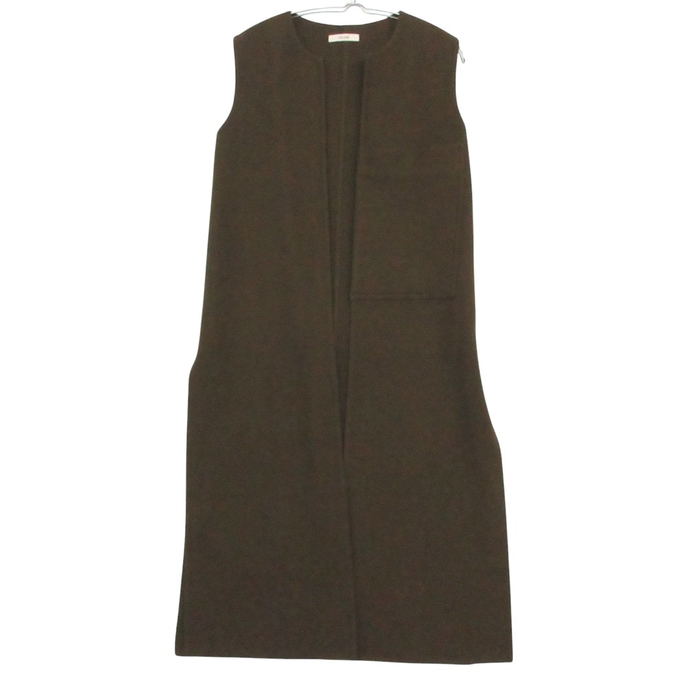 美品 CELINE セリーヌ by Phoebe Philo フィービー期 カシミール100％ ロング より良い ジレー コーディガン 厚地の外套 ノースリーブ カーキ 34 レディース 【中古】