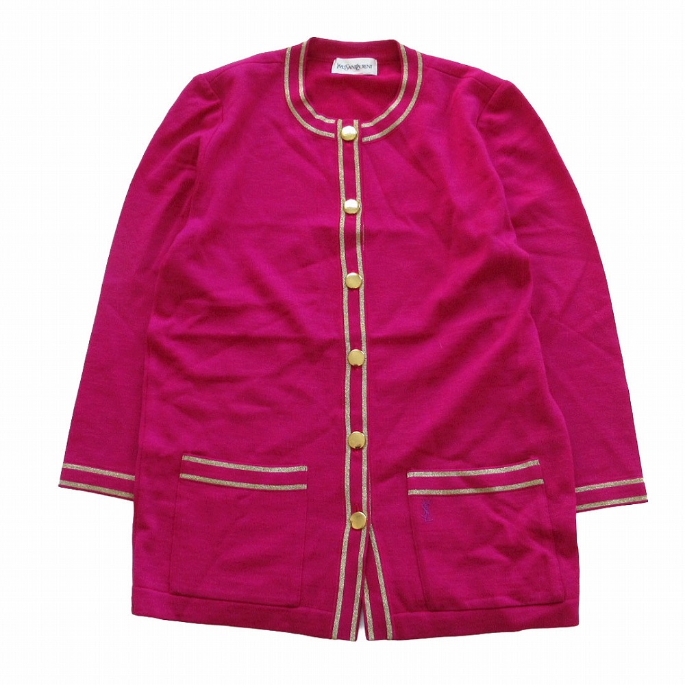 美品 ヴィンテージ YVES SAINT LAURENT イヴ・サンローラン コート カサンドラロゴ バイカラー 金ボタン ノーカラー ニットコート アウター パープル M レディース 【中古】｜コムレイドバージ店