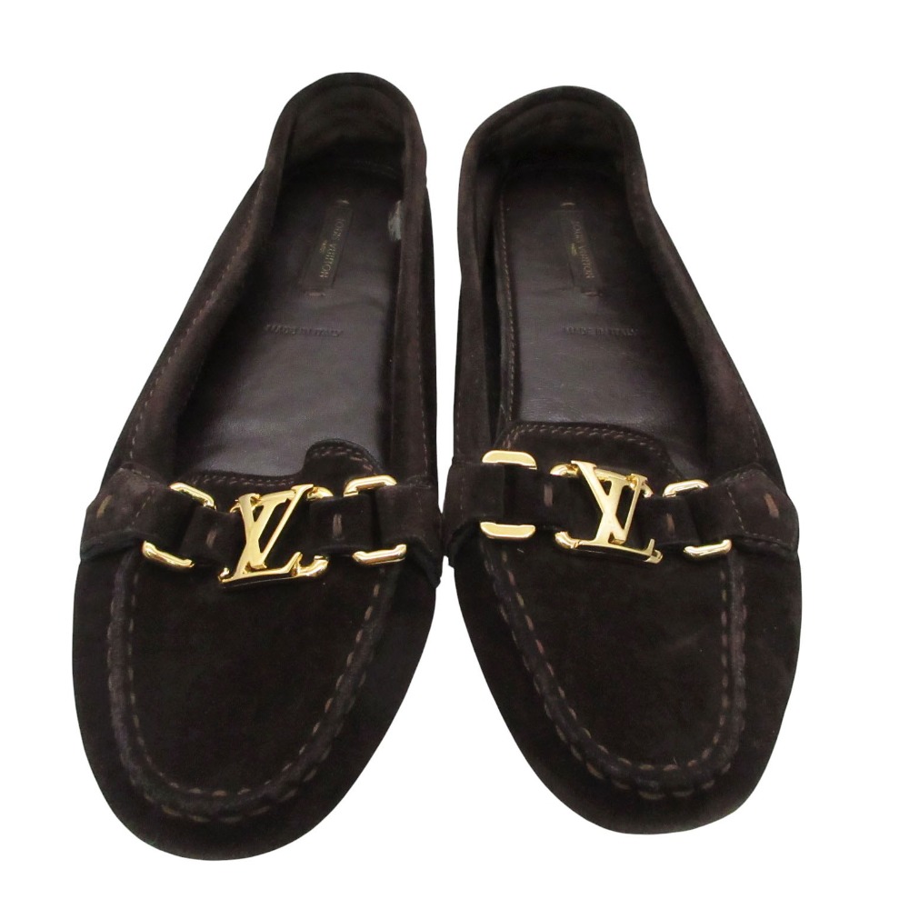 2008年製 LOUIS VUITTON ルイ・ヴィトン パンプス スエードクロス なめし革 LVロゴタイプ 金具 ドライビング シューズ 木目細か モカシン 靴 うす暗い赤銅色 38 24糎 レディース 【中古】