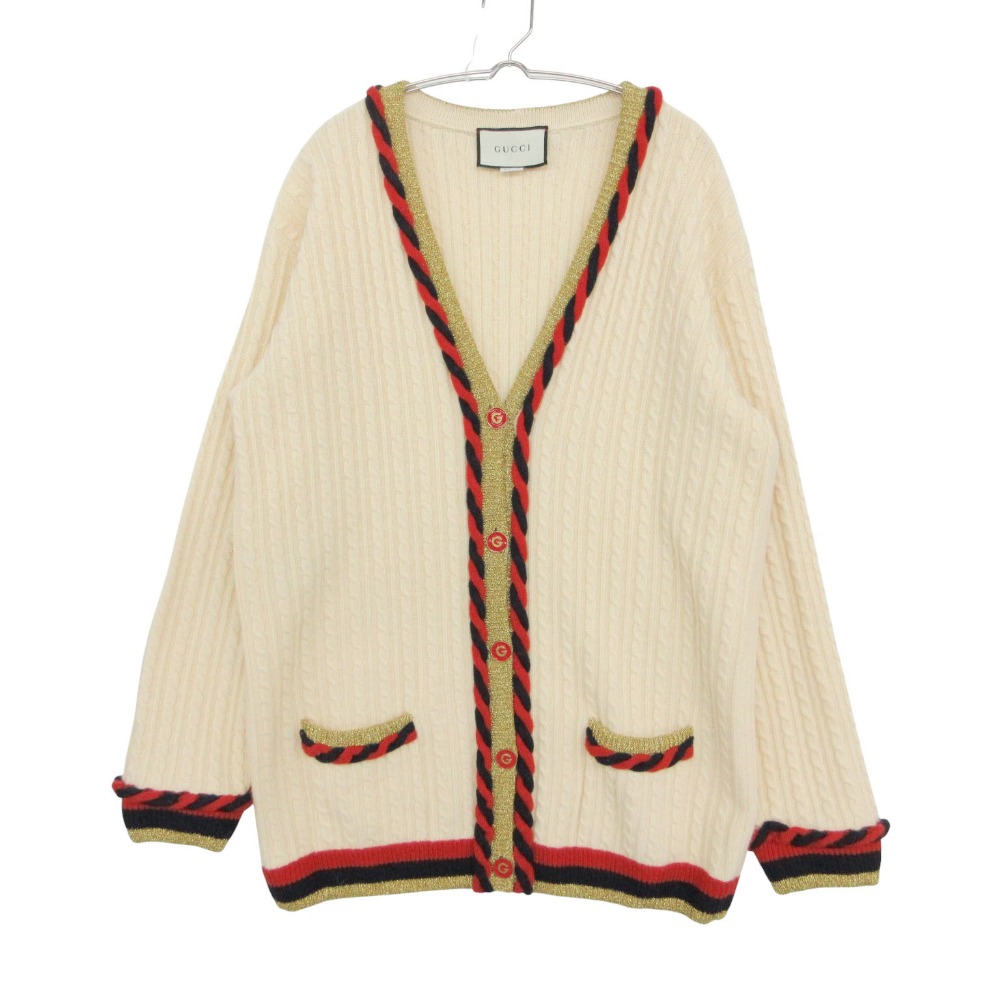 GUCCI グッチ ジレー 編み物 上衣 有線テレビ編み メタリック ウェブストライプ 切り調える カシミール混 526698 点火装置ベージュ M レディース 【中古】