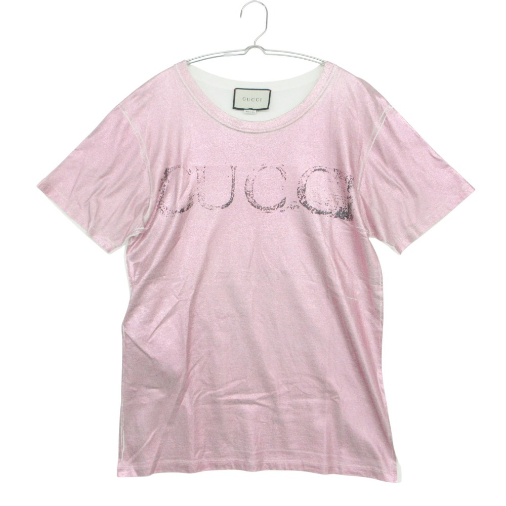GUCCI グッチ 半袖Ｔシャツ ラメ グリッタープリント ロゴタイプ刺しゅう うつり変わり トップス さくら色 S メンズ レディース 【中古】