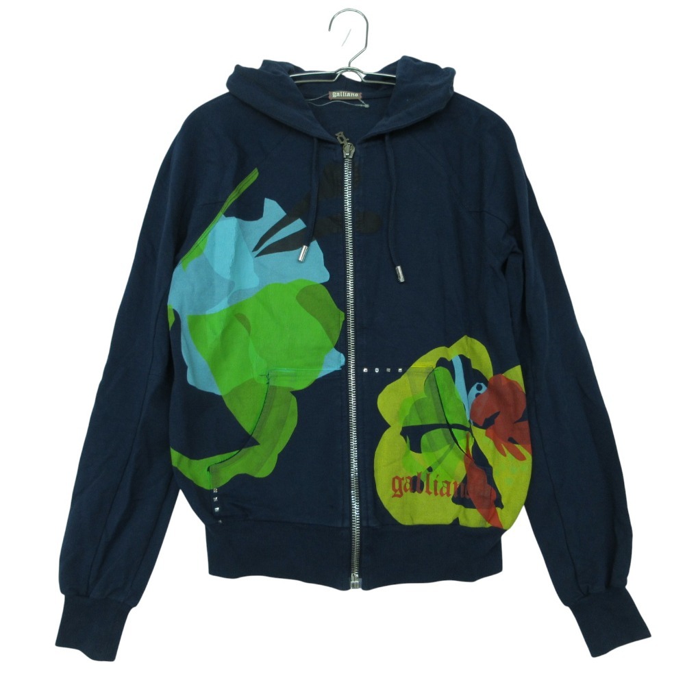 JOHN GALLIANO ジョンガリアーノ パーカー スウェット ジップアップ グラフィック ロゴ プリント 長袖 ストレッチ トップス ブルー XS メンズ 【中古】|コムレイドバージ店