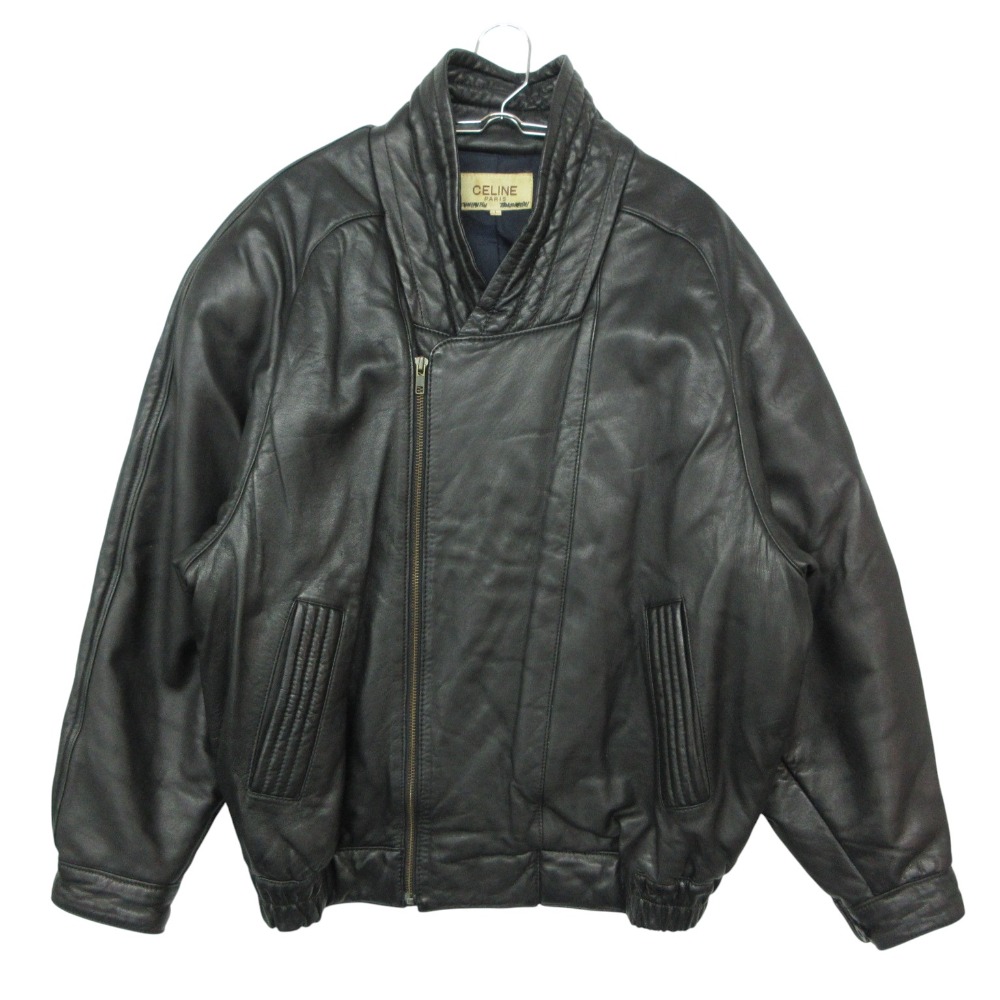 90s ヴィンテージ CELINE セリーヌ ダブル ライダースジャケット アウター ラムレザー 羊革 ジップアップ ブラック L メンズ レディース 【中古】|コムレイドバージ店