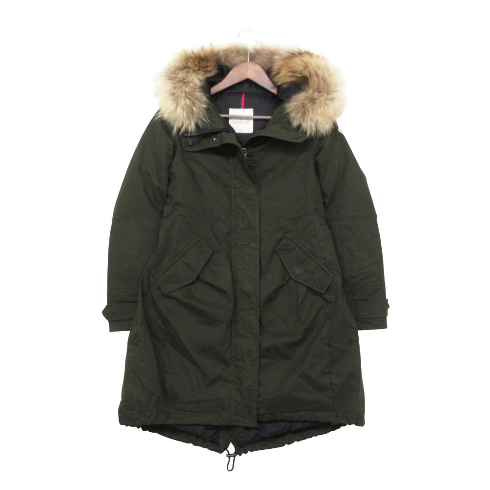 MONCLER モンク軌跡 EVANTHIA エヴァンシア 厚地の外套 落ち込む フーディ タヌキ毛皮 アウター ロング カーキ緑であること 0【S】 レディース 【中古】