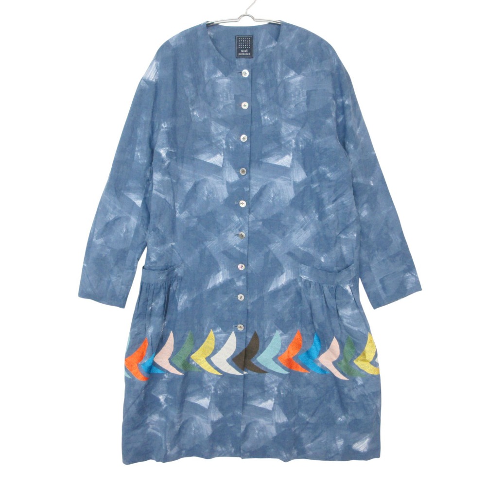 美品 mina perhonen ミナペルホネン 衣装 atmosphere bird 小鳥刺しゅう 長袖 ひざ丈  青色 38【M】 レディース 【中古】