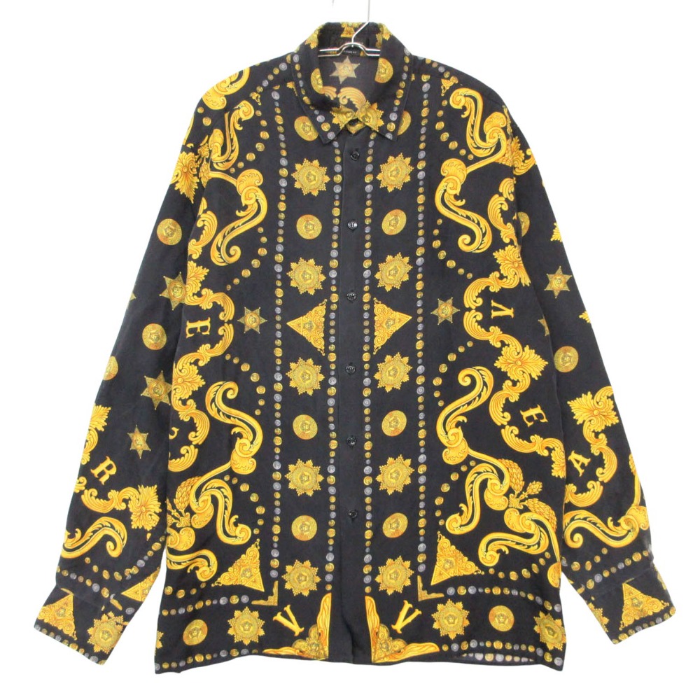 VERSACE ヴェルサーチ 長袖プルオーバー ヘリテージ バロック柄 地絹100%イタリア製トップス 黒いこと×黄色 39【M】 メンズ 【中古】