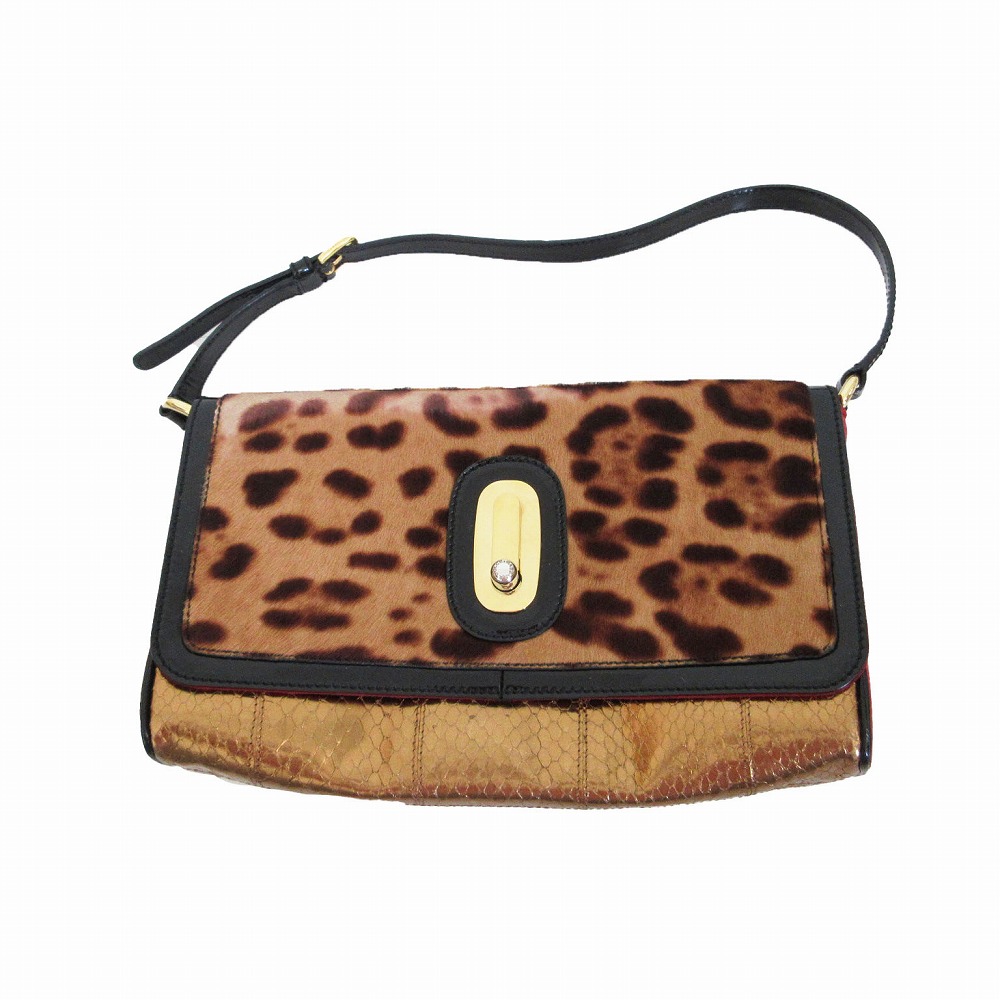 DOLCE\u0026GABBANA ドルチェアンドガッバーナ ショルダーバッグ MISS STORK\u0027S BILL レオパード柄 ハラコ 一ショルダーバッグ ベージュ×ゴールド レディース 【中古】