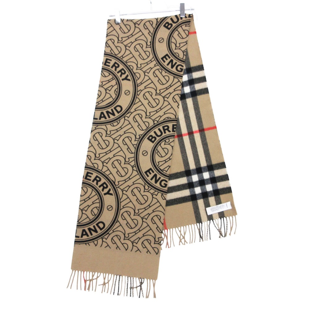 BURBERRY バーバリー えり巻き カシミール100％ リヴァーシブル 照合のしるし柄 フリンジ 袈裟 GIANT CHECK BLE CIRCLE PRINT 8061991 ベージュ メンズ レディース 【中古】